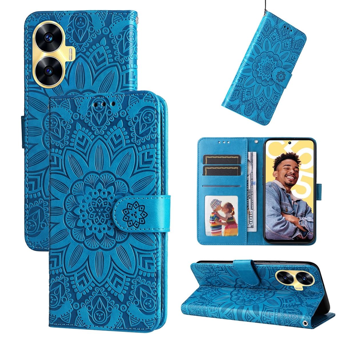 Realme C55 Sunflower Embossed Leather Wallet Phone Case with Kickstand and Card Holder