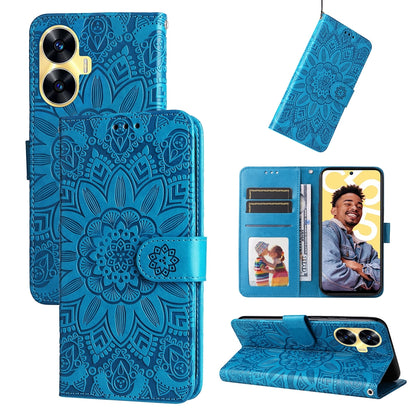 Realme C55 Sunflower Embossed Leather Wallet Phone Case with Kickstand and Card Holder