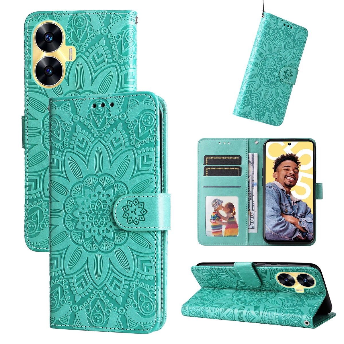 Realme C55 Sunflower Embossed Leather Wallet Phone Case with Kickstand and Card Holder