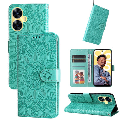 Realme C55 Sunflower Embossed Leather Wallet Phone Case with Kickstand and Card Holder