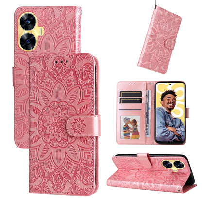 Realme C55 Sunflower Embossed Leather Wallet Phone Case with Kickstand and Card Holder