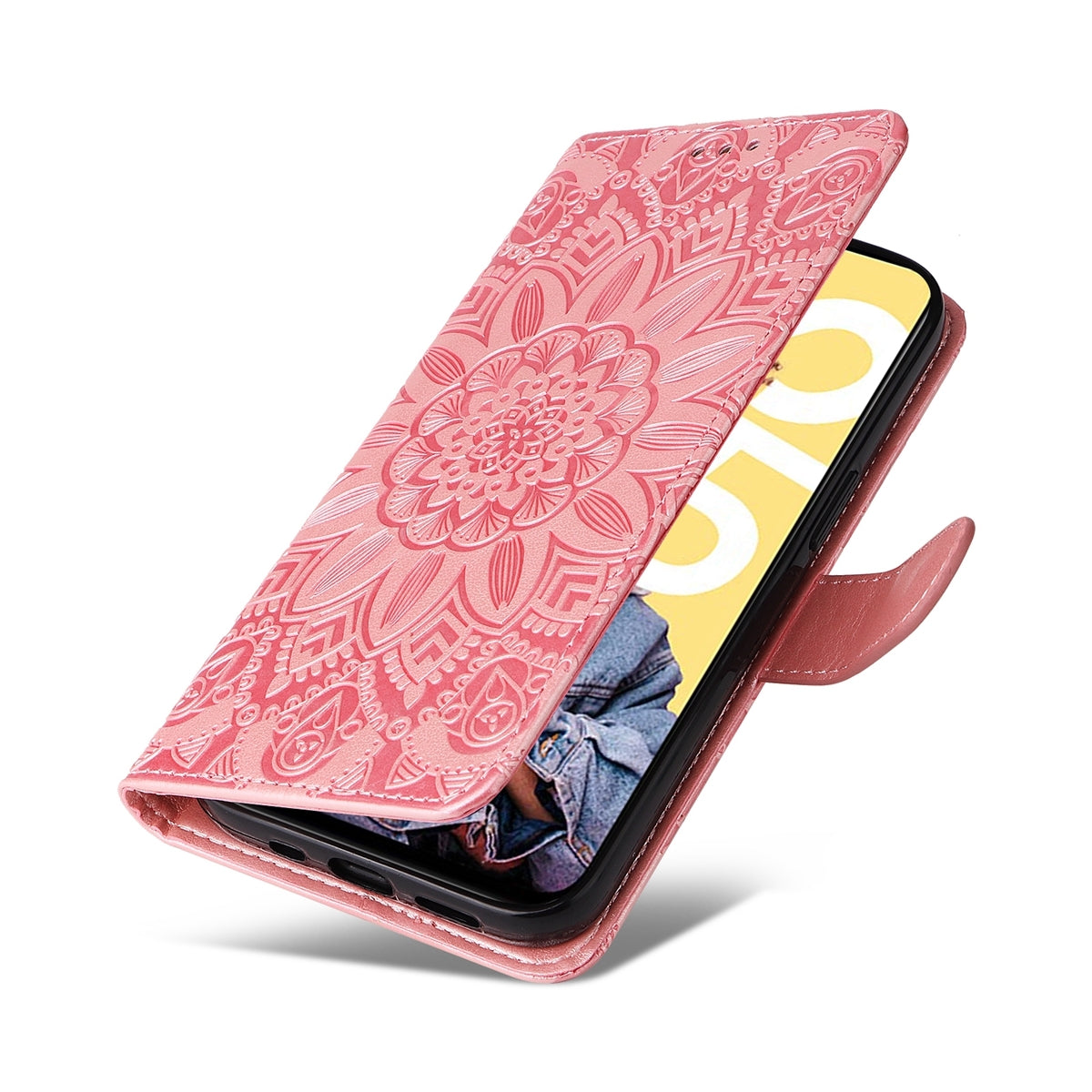 Realme C55 Sunflower Embossed Leather Wallet Phone Case with Kickstand and Card Holder