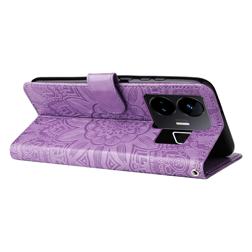 Realme GT Neo 5 5G Sunflower Embossed Leather Wallet Phone Case with Kickstand and Card Holder