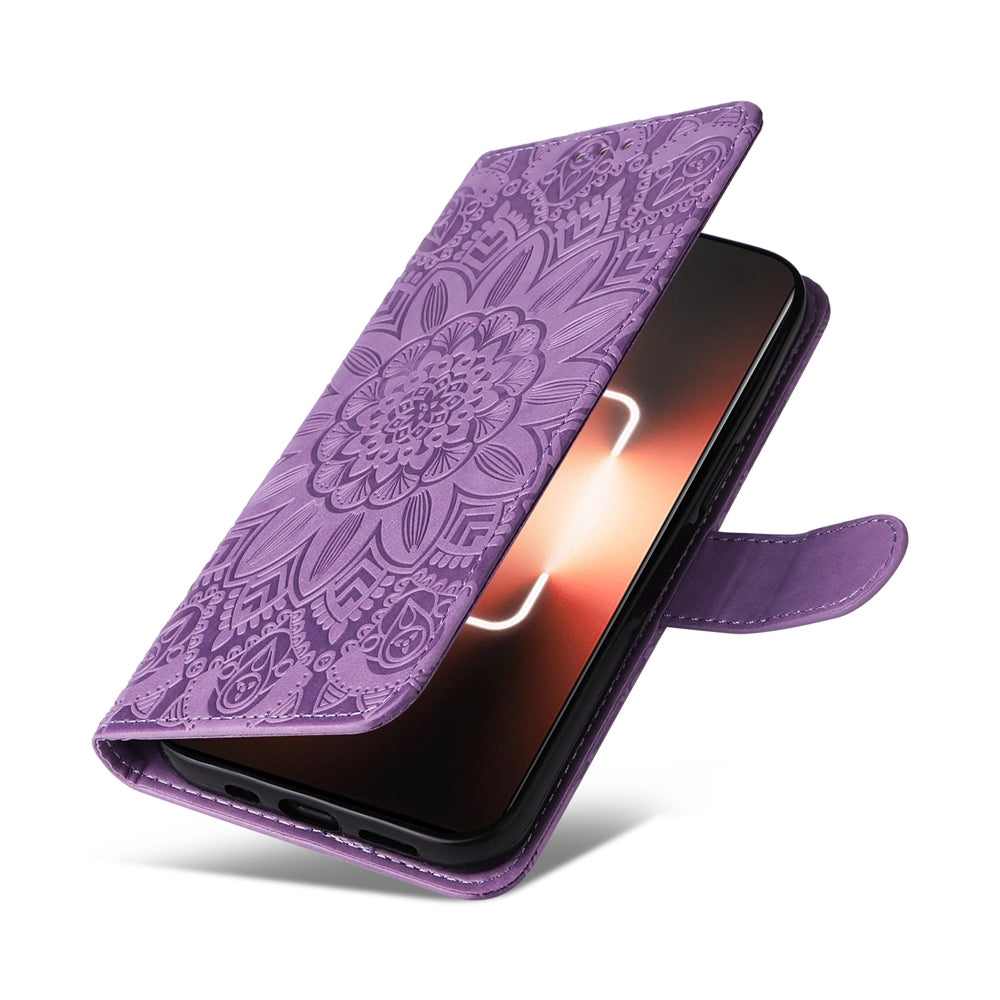 Realme GT3 Sunflower Embossed Leather Wallet Phone Case with Kickstand and Card Holder