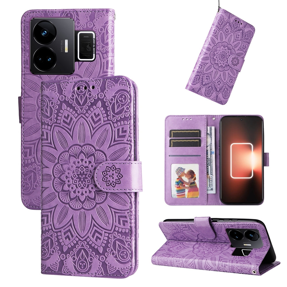Realme GT3 Sunflower Embossed Leather Wallet Phone Case with Kickstand and Card Holder