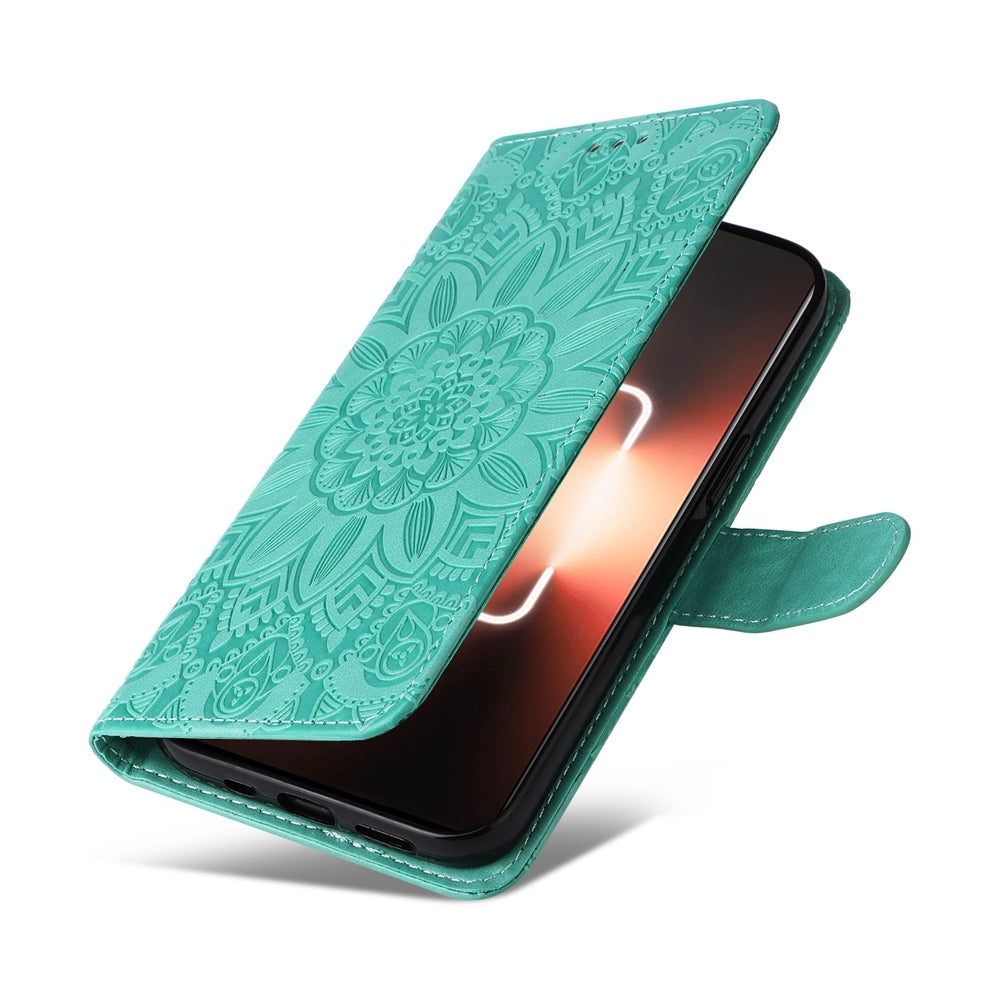 Realme GT3 Sunflower Embossed Leather Wallet Phone Case with Kickstand and Card Holder