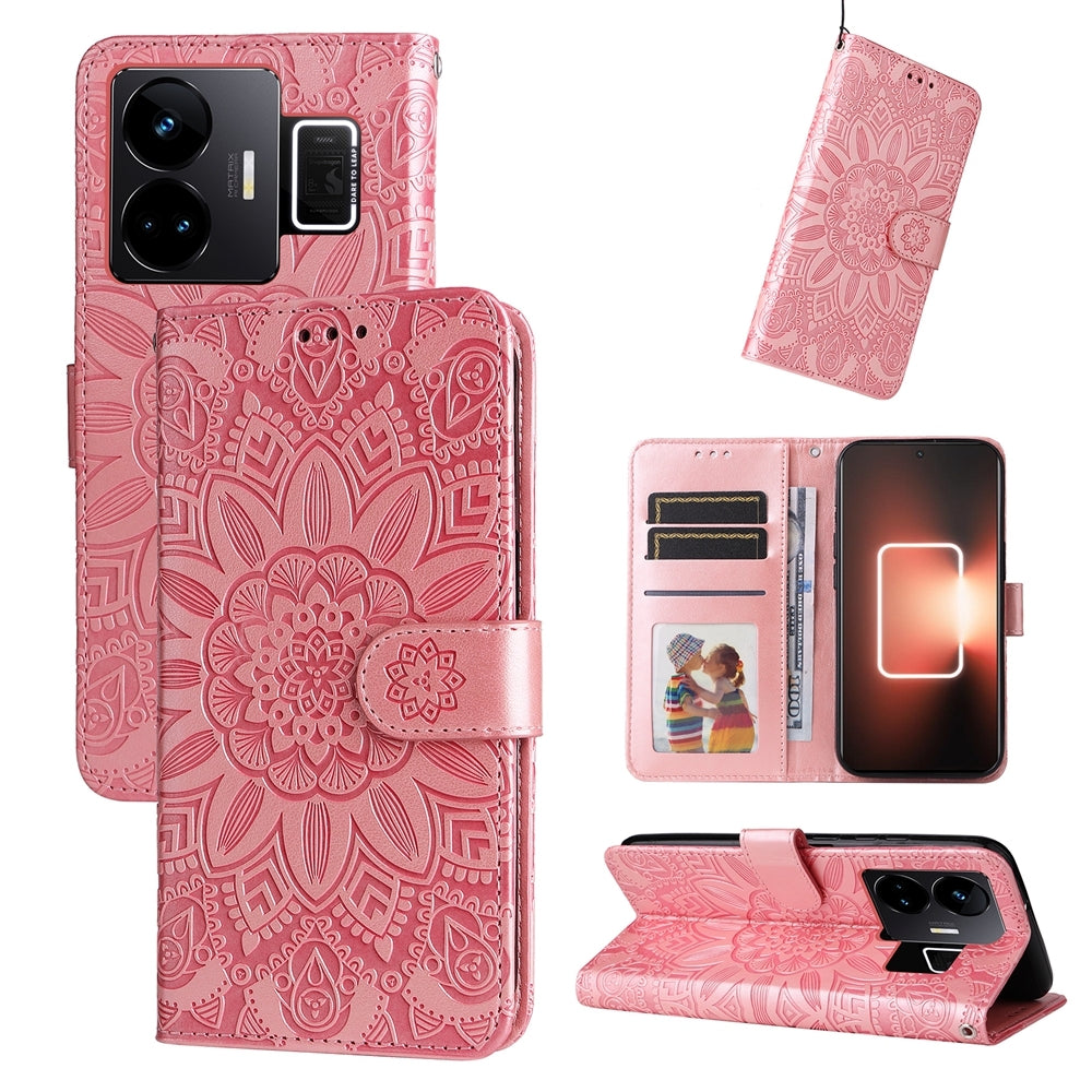 Realme GT Neo 5 5G Sunflower Embossed Leather Wallet Phone Case with Kickstand and Card Holder