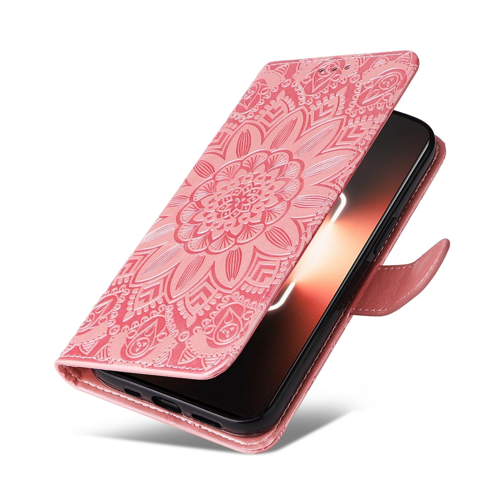 Realme GT3 Sunflower Embossed Leather Wallet Phone Case with Kickstand and Card Holder