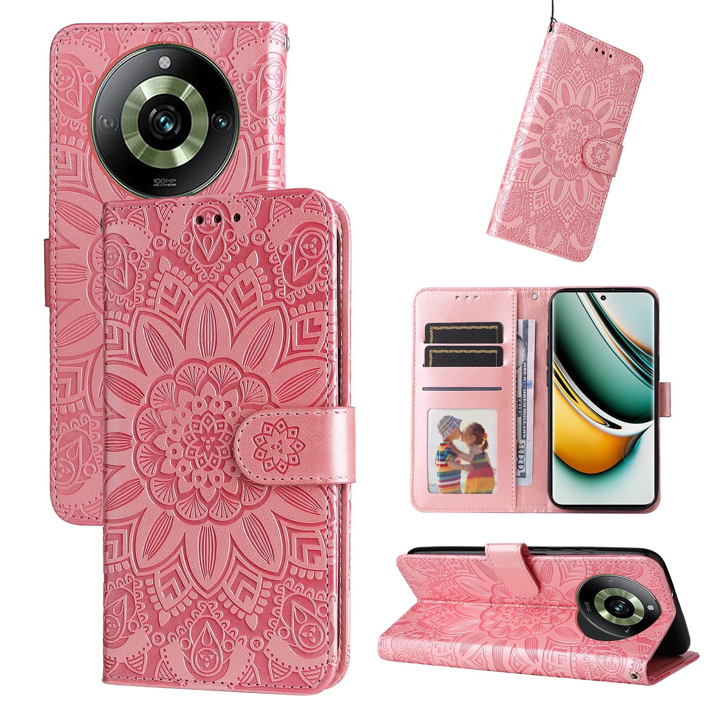 Realme 11 Pro Sunflower Embossed Leather Wallet Phone Case with Kickstand and Card Holder