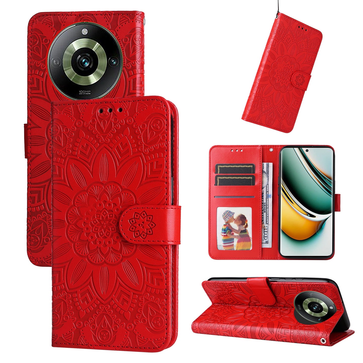 Realme 11 Sunflower Embossed Leather Wallet Phone Case with Kickstand and Card Holder