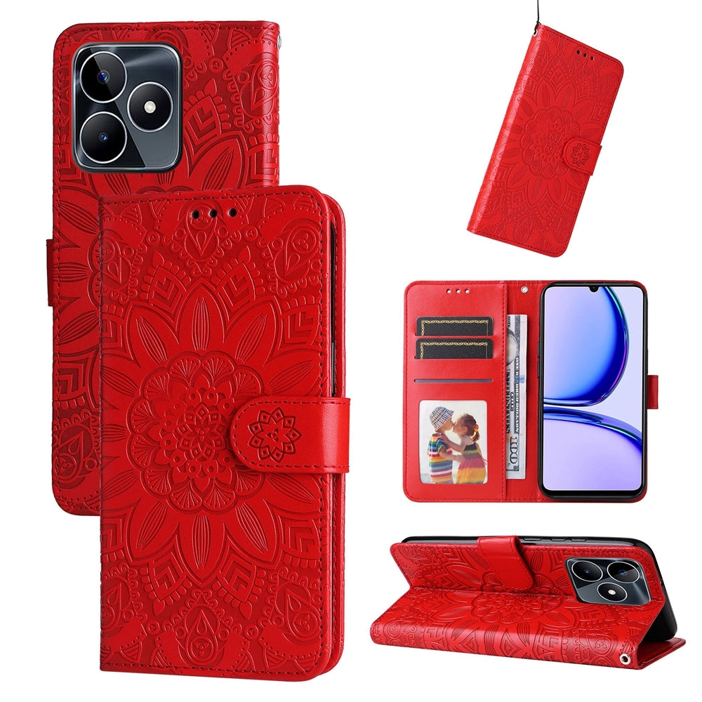 Realme Narzo N53 Sunflower Embossed Leather Wallet Phone Case with Kickstand and Card Holder