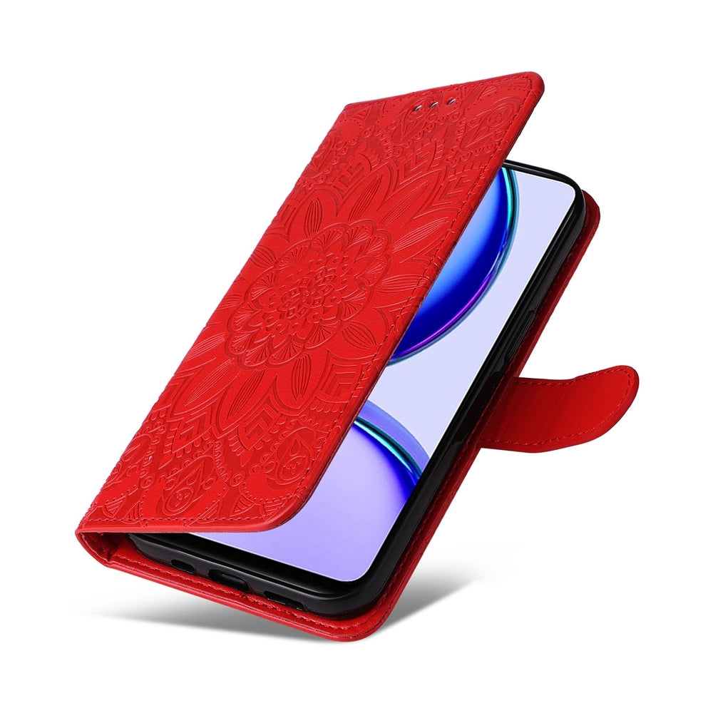 Realme Narzo N53 Sunflower Embossed Leather Wallet Phone Case with Kickstand and Card Holder