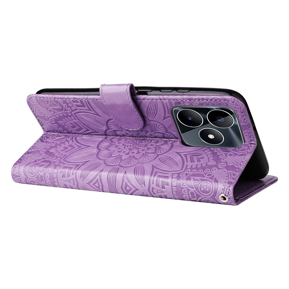 Realme Narzo N53 Sunflower Embossed Leather Wallet Phone Case with Kickstand and Card Holder