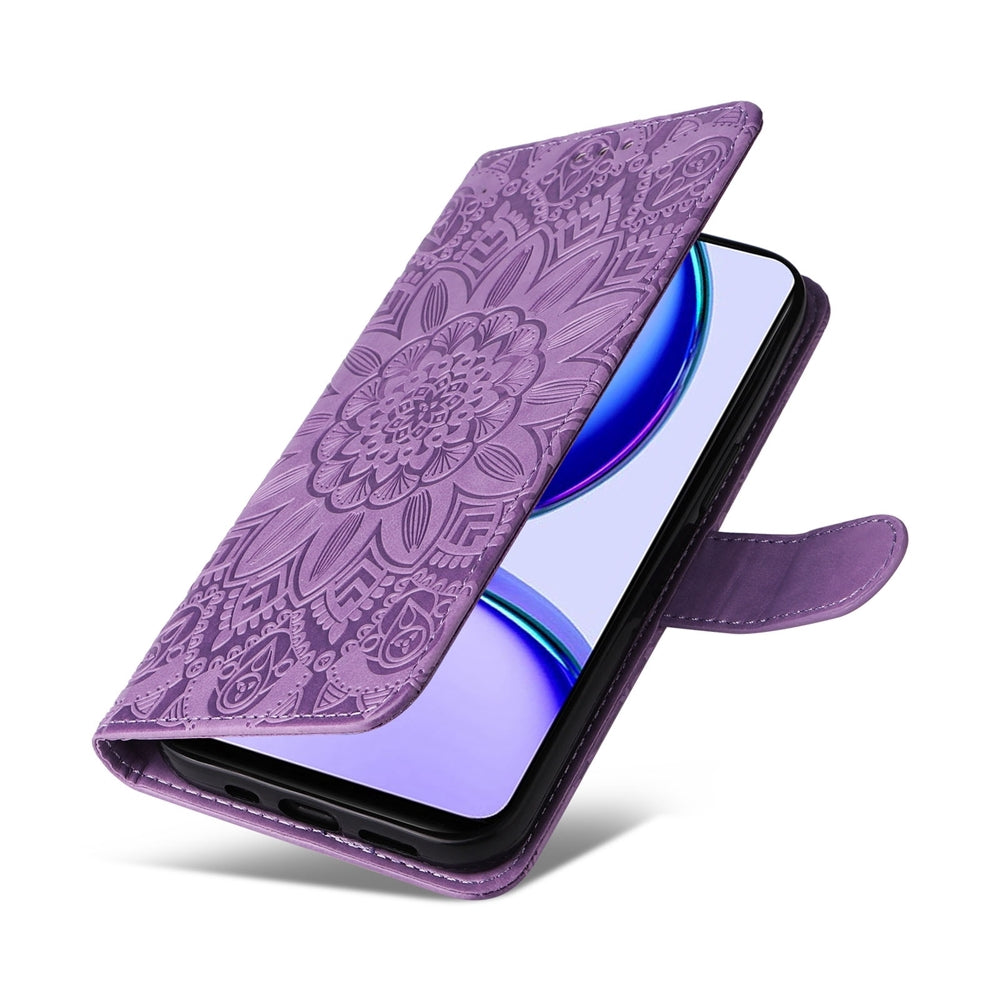 Realme Narzo N53 Sunflower Embossed Leather Wallet Phone Case with Kickstand and Card Holder