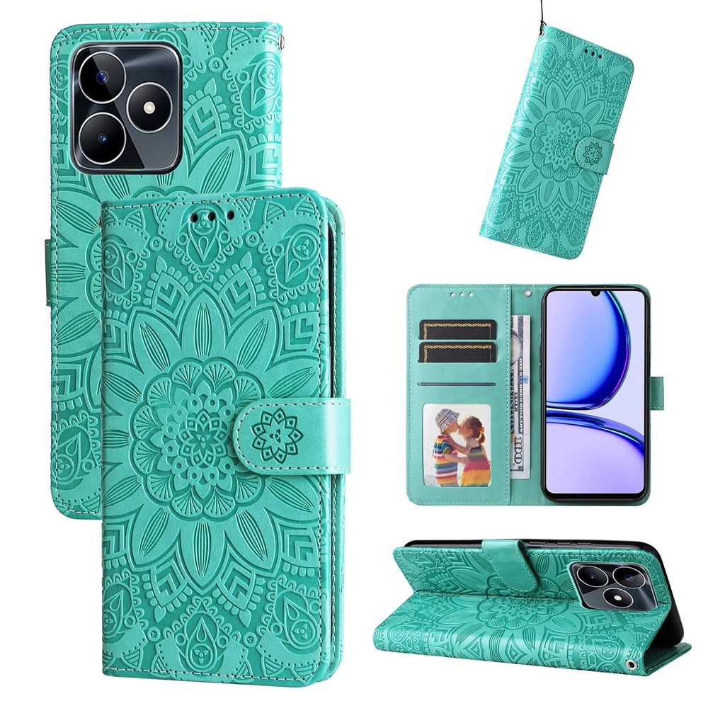 Realme Narzo N53 Sunflower Embossed Leather Wallet Phone Case with Kickstand and Card Holder