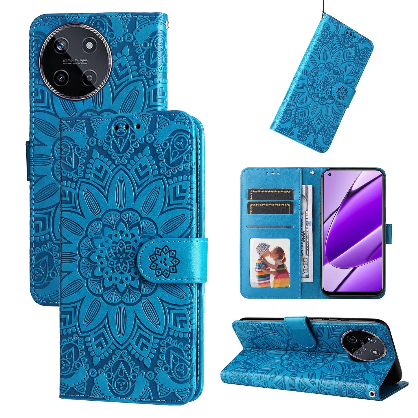 Realme 11 4G Global Sunflower Embossed Leather Wallet Phone Case with Kickstand and Card Holder
