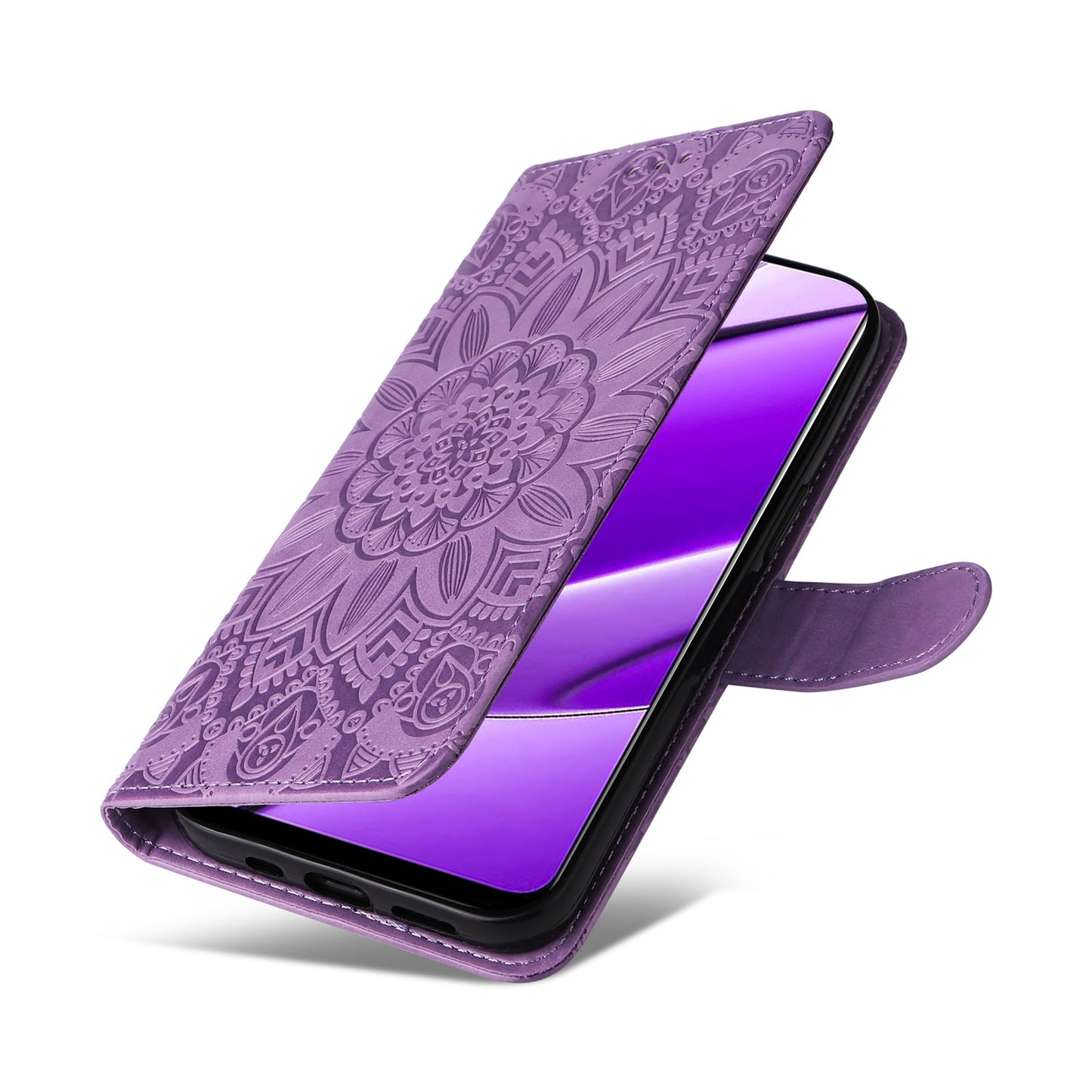 Realme 11 4G Global Sunflower Embossed Leather Wallet Phone Case with Kickstand and Card Holder