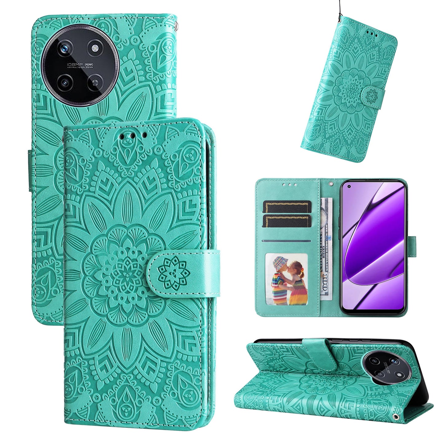 Realme 11 4G Global Sunflower Embossed Leather Wallet Phone Case with Kickstand and Card Holder