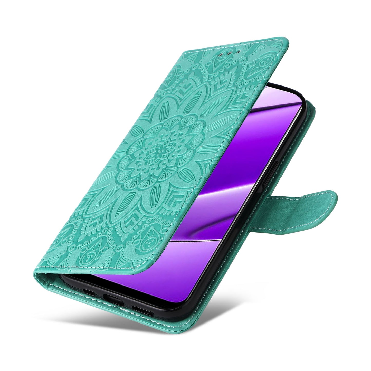 Realme 11 4G Global Sunflower Embossed Leather Wallet Phone Case with Kickstand and Card Holder