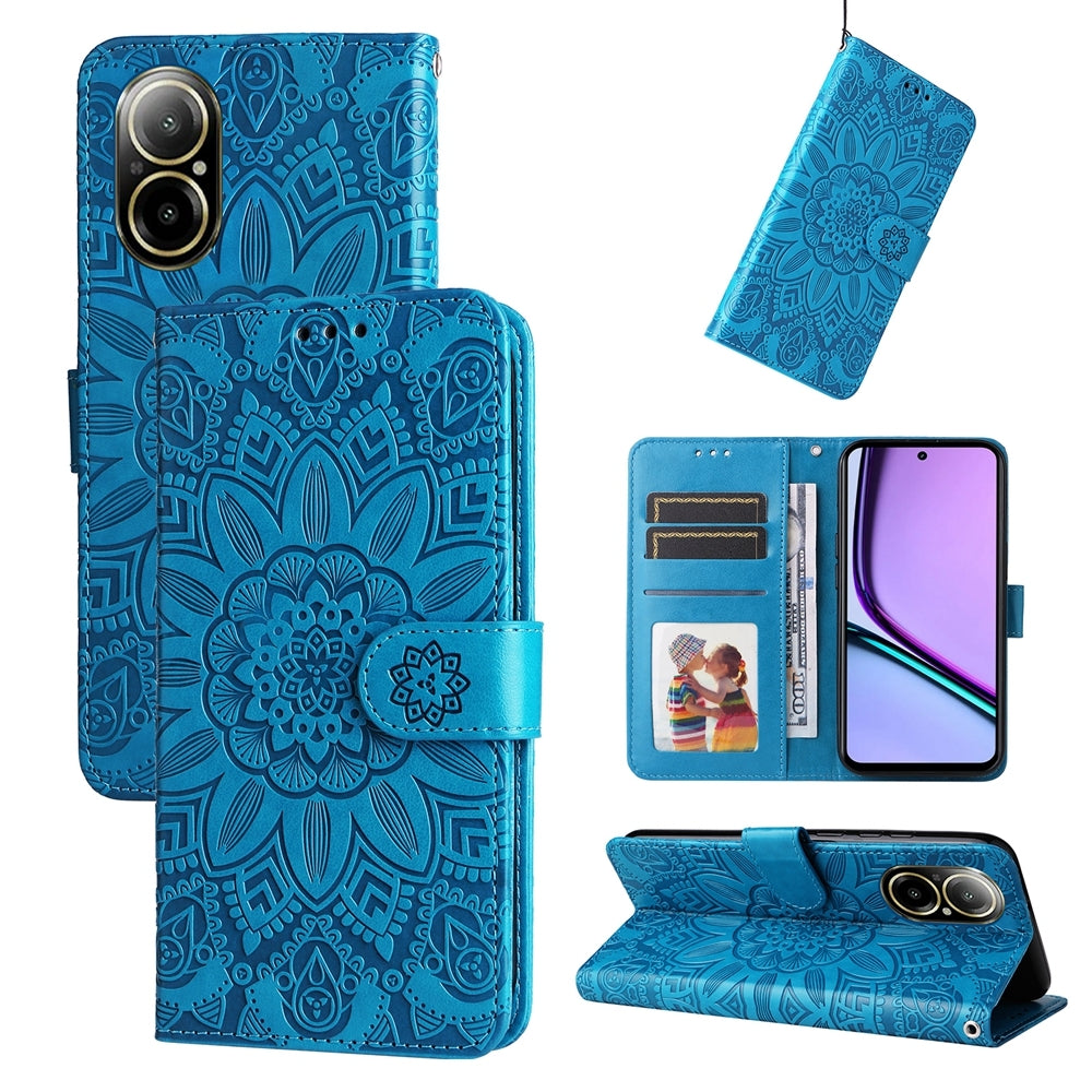 Realme C67 4G Global Sunflower Embossed Leather Wallet Phone Case with Kickstand and Card Holder