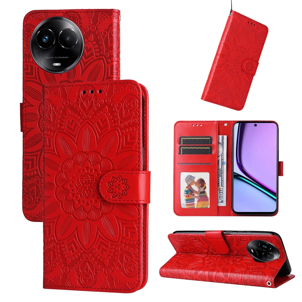 Realme C67 5G Global Sunflower Embossed Leather Wallet Phone Case with Kickstand and Card Holder