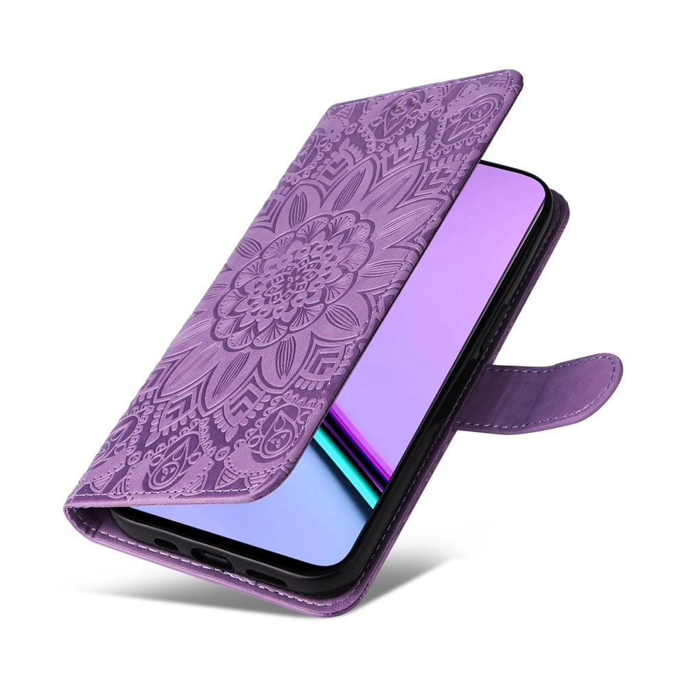 Realme C67 5G Global Sunflower Embossed Leather Wallet Phone Case with Kickstand and Card Holder