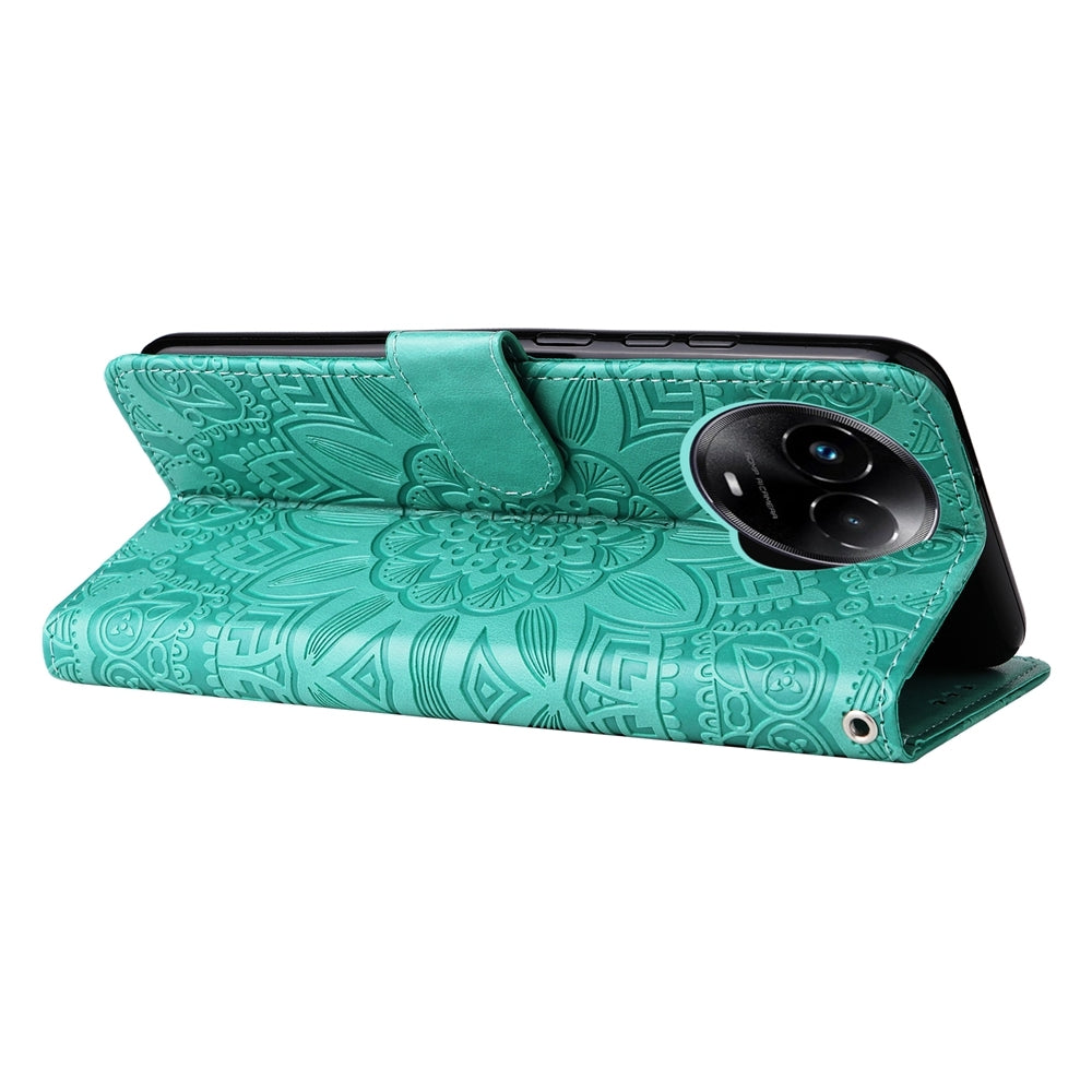 Realme C67 5G Global Sunflower Embossed Leather Wallet Phone Case with Kickstand and Card Holder