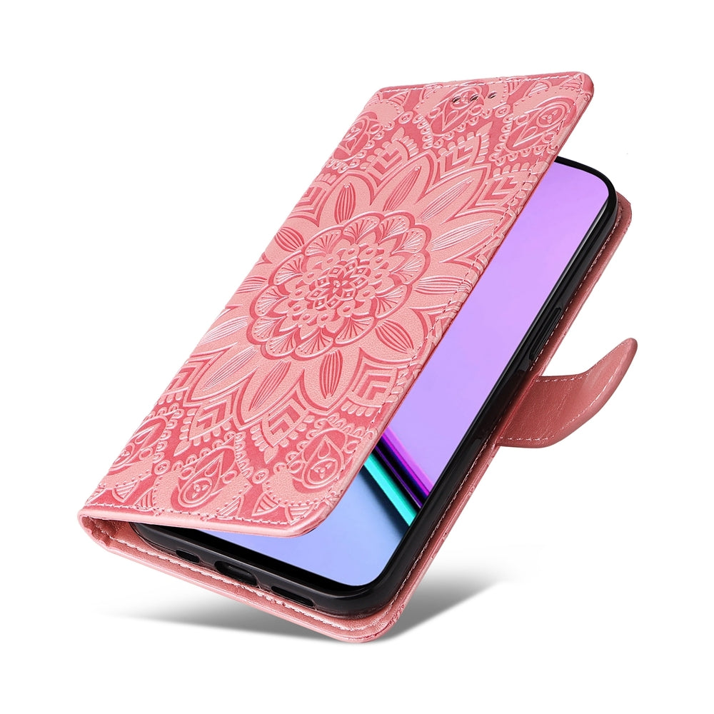 Realme C67 5G Global Sunflower Embossed Leather Wallet Phone Case with Kickstand and Card Holder