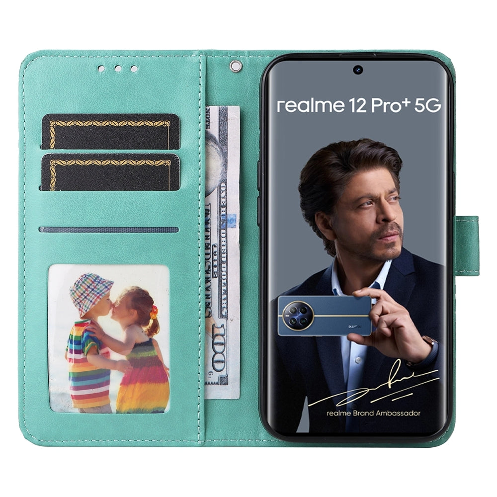 Realme 12 Pro+ Sunflower Embossed Leather Wallet Phone Case with Kickstand and Card Holder