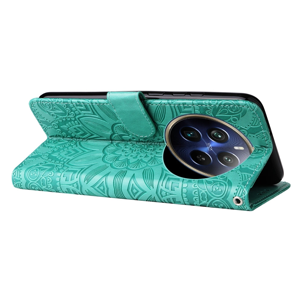 Realme 12 Pro+ Sunflower Embossed Leather Wallet Phone Case with Kickstand and Card Holder
