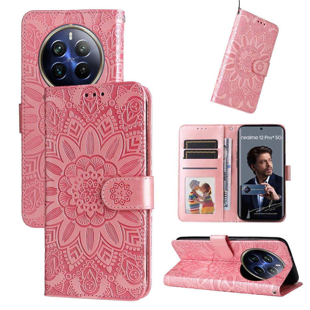 Realme 12 Pro+ Sunflower Embossed Leather Wallet Phone Case with Kickstand and Card Holder