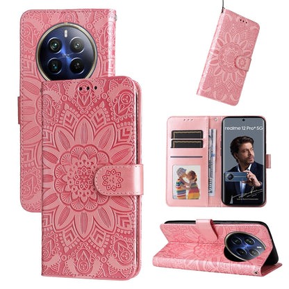 Realme 12 Pro+ Sunflower Embossed Leather Wallet Phone Case with Kickstand and Card Holder