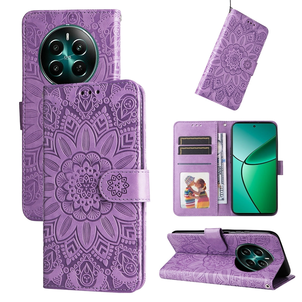 Realme 12+ Sunflower Embossed Leather Wallet Phone Case with Kickstand and Card Holder