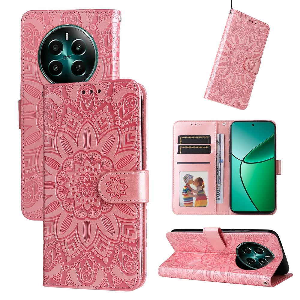 Realme 12+ Sunflower Embossed Leather Wallet Phone Case with Kickstand and Card Holder