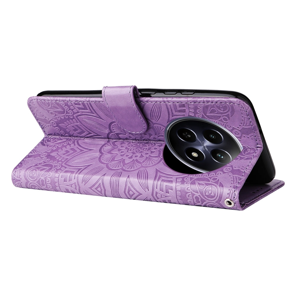 Realme 12 5G Sunflower Embossed Leather Wallet Phone Case with Kickstand and Card Holder