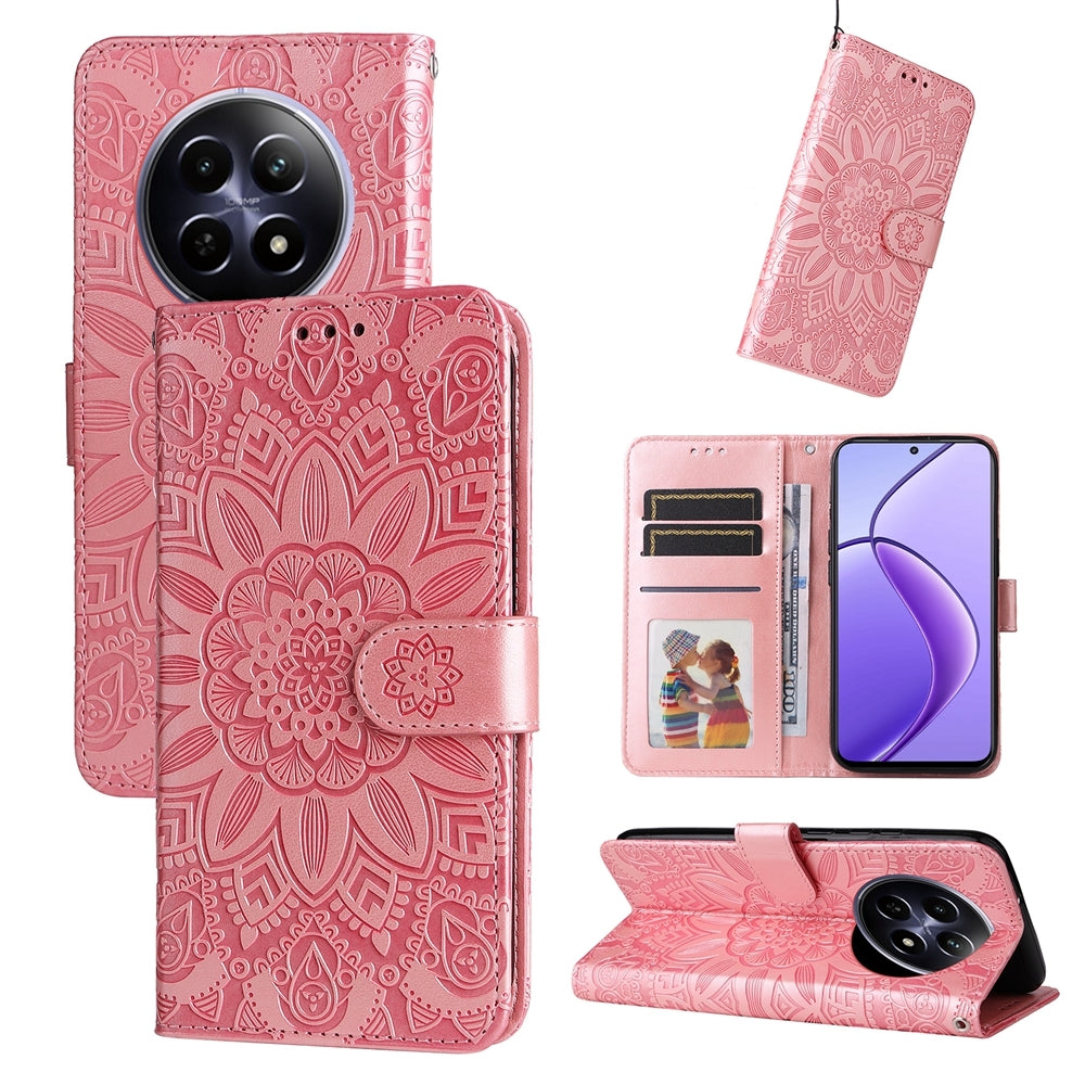 Realme 12 5G Sunflower Embossed Leather Wallet Phone Case with Kickstand and Card Holder