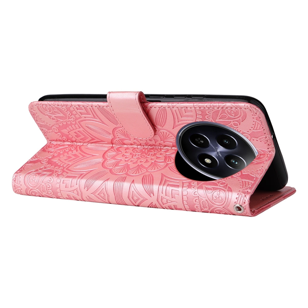 Realme 12 5G Sunflower Embossed Leather Wallet Phone Case with Kickstand and Card Holder