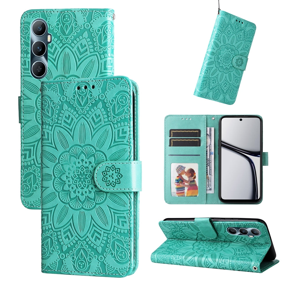Realme C65 4G Sunflower Embossed Leather Wallet Phone Case with Kickstand and Card Holder