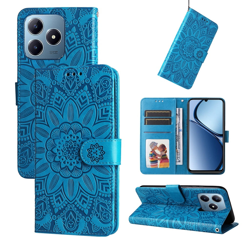 Realme C61 Sunflower Embossed Leather Wallet Phone Case with Kickstand and Card Holder