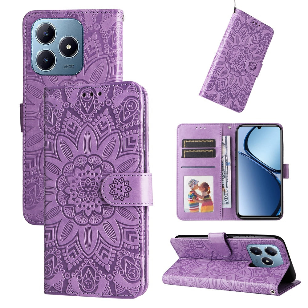 Realme Note 60 Sunflower Embossed Leather Wallet Phone Case with Kickstand and Card Holder
