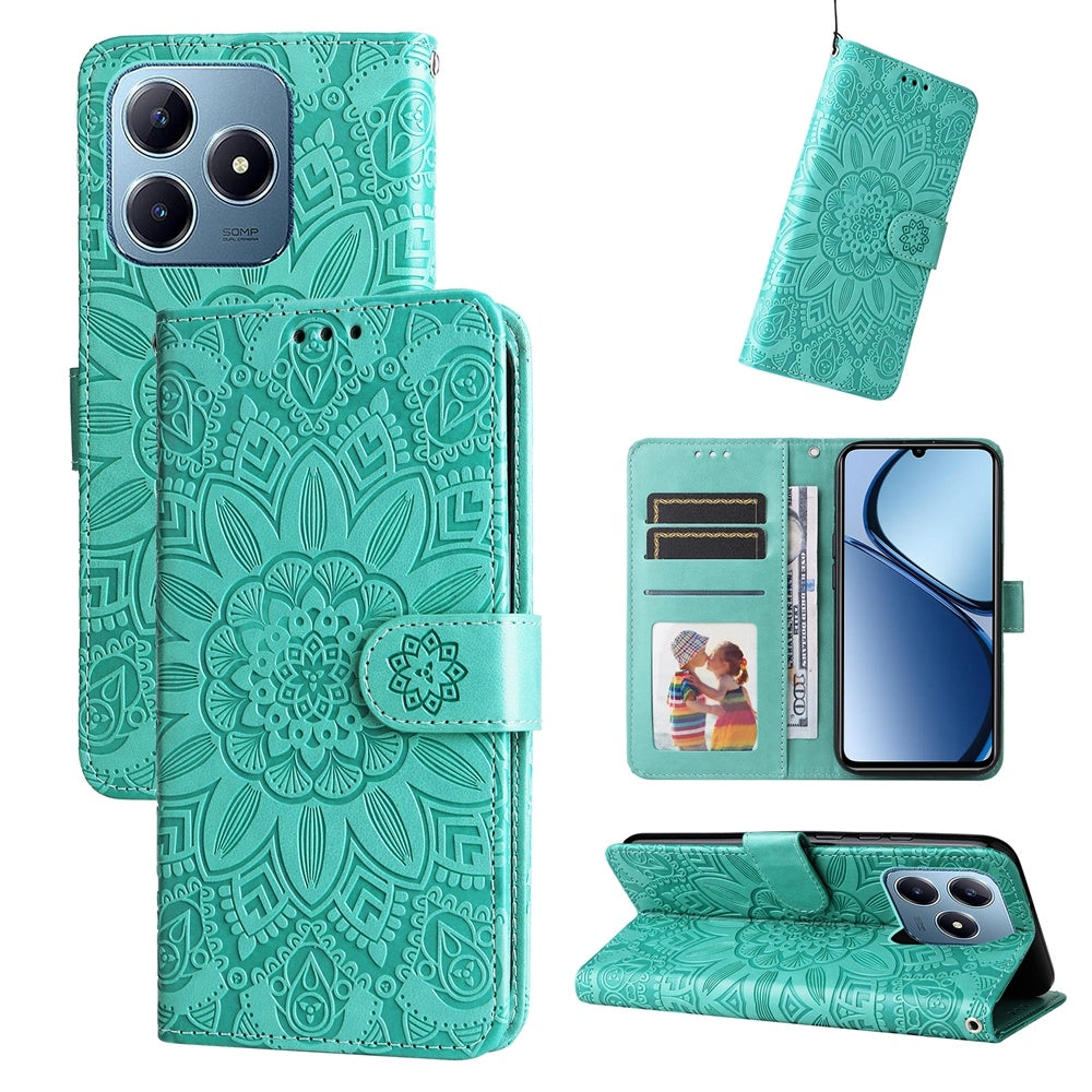 Realme C63 Sunflower Embossed Leather Wallet Phone Case with Kickstand and Card Holder
