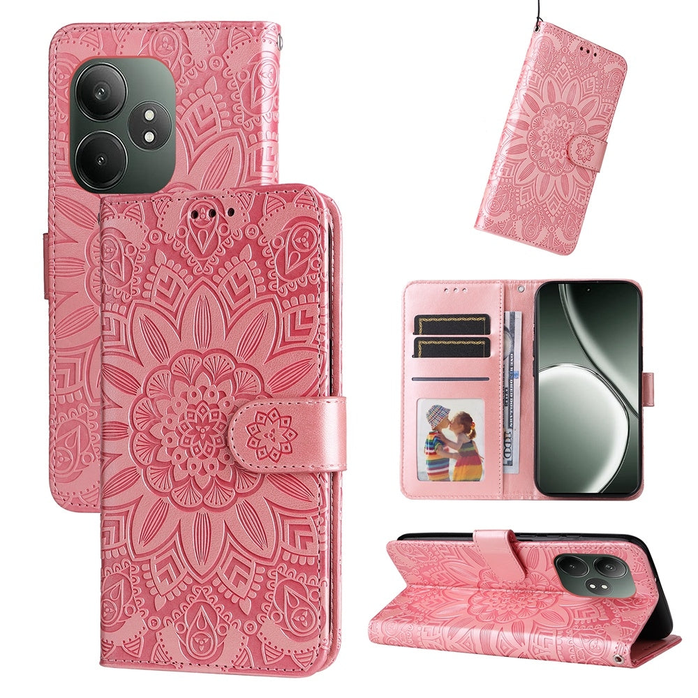 Realme GT Neo6 SE Sunflower Embossed Leather Wallet Phone Case with Kickstand and Card Holder