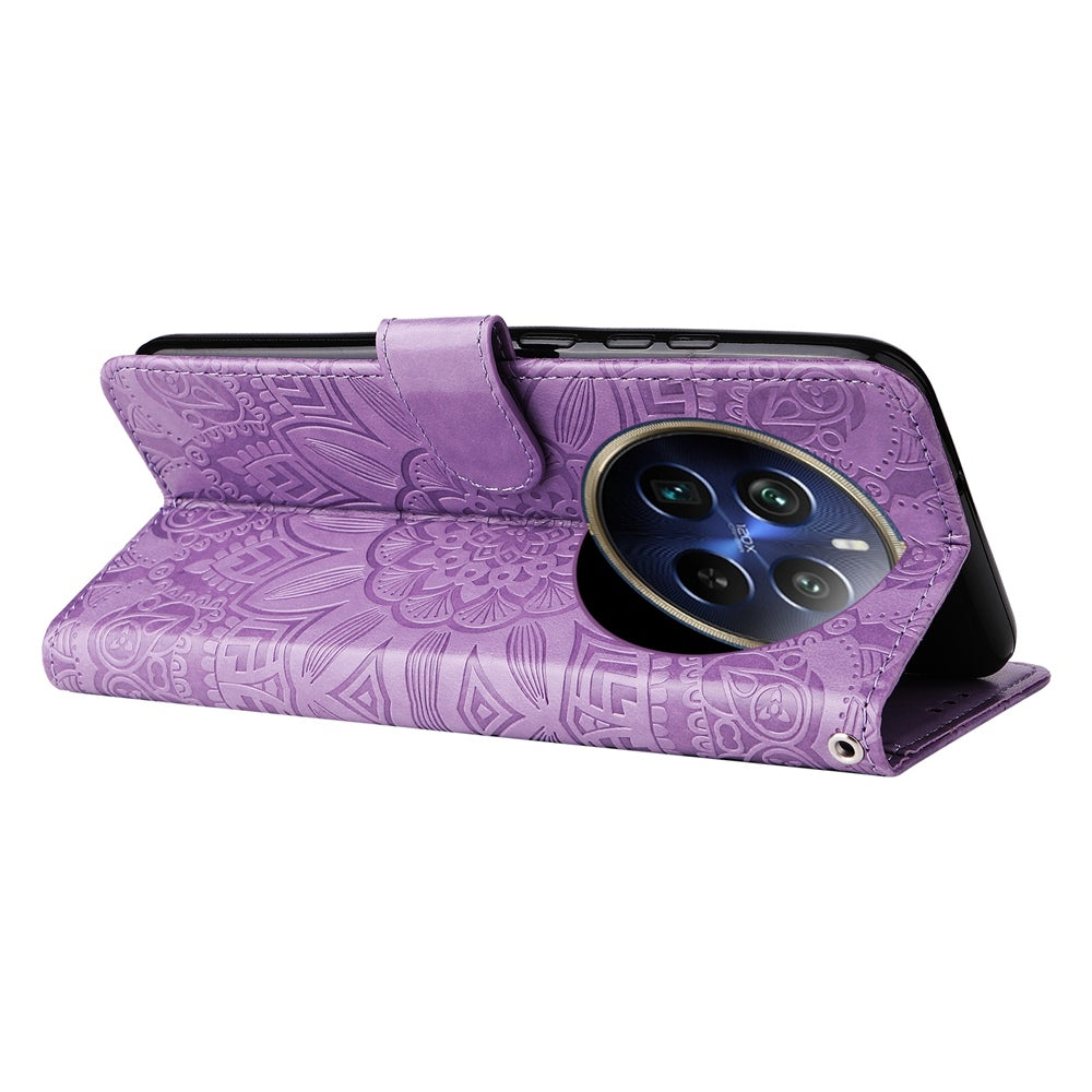 Realme 13 Pro+ Sunflower Embossed Leather Wallet Phone Case with Kickstand and Card Holder