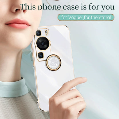 Huawei P60 Tough TPU Phone Case with 6D Electroplate, Straight Edge Design, and Comfortable Ring Holder