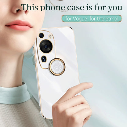 Huawei P60 Art Tough TPU Phone Case with 6D Electroplate, Straight Edge Design, and Comfortable Ring Holder