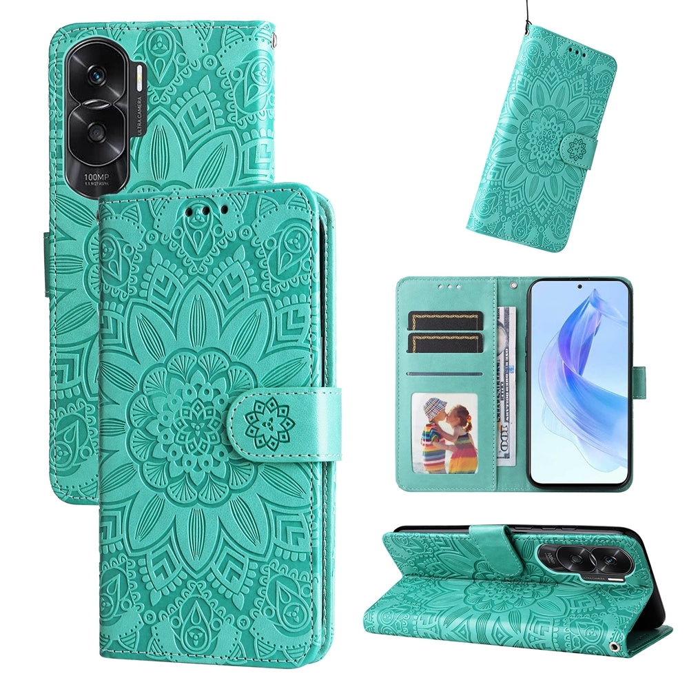 Honor X50i 5G Sunflower Embossed Leather Wallet Phone Case with Kickstand and Card Holder