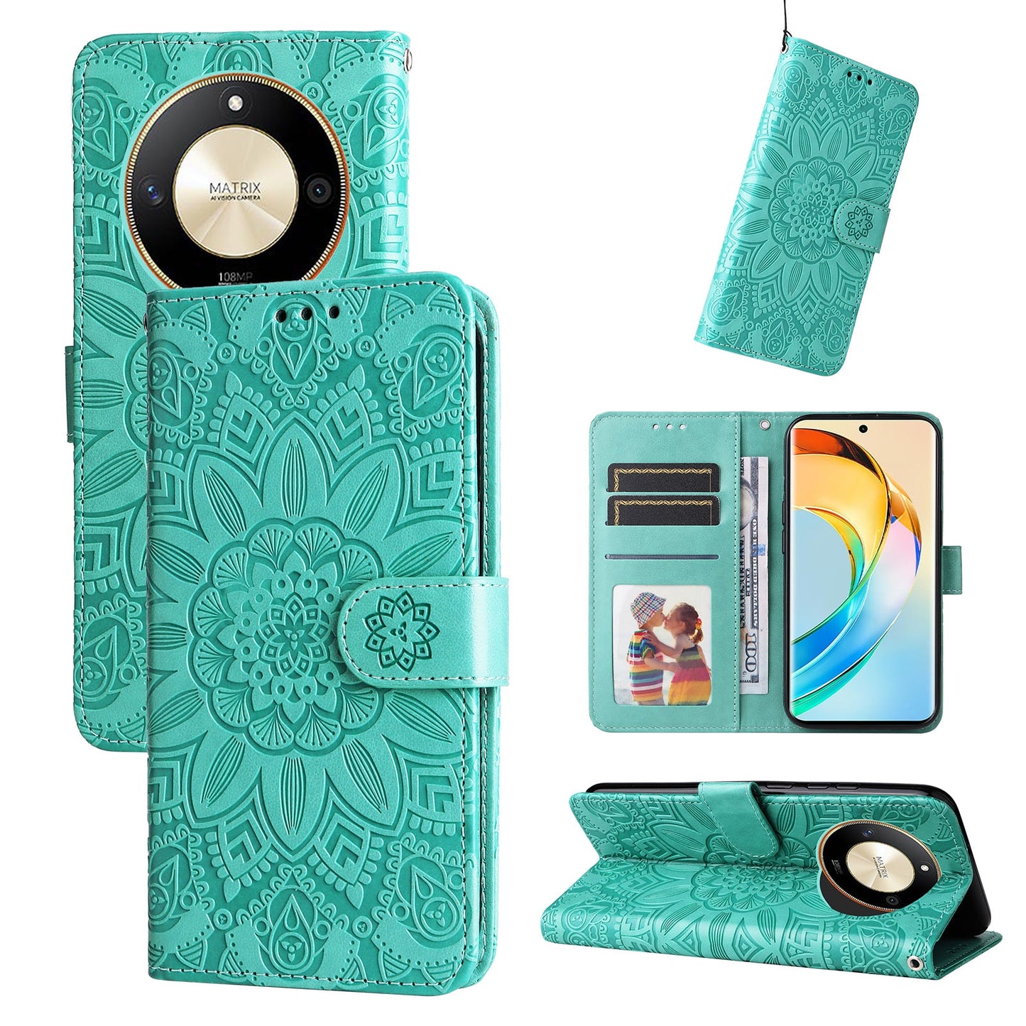 Honor X50 Sunflower Embossed Leather Wallet Phone Case with Kickstand and Card Holder