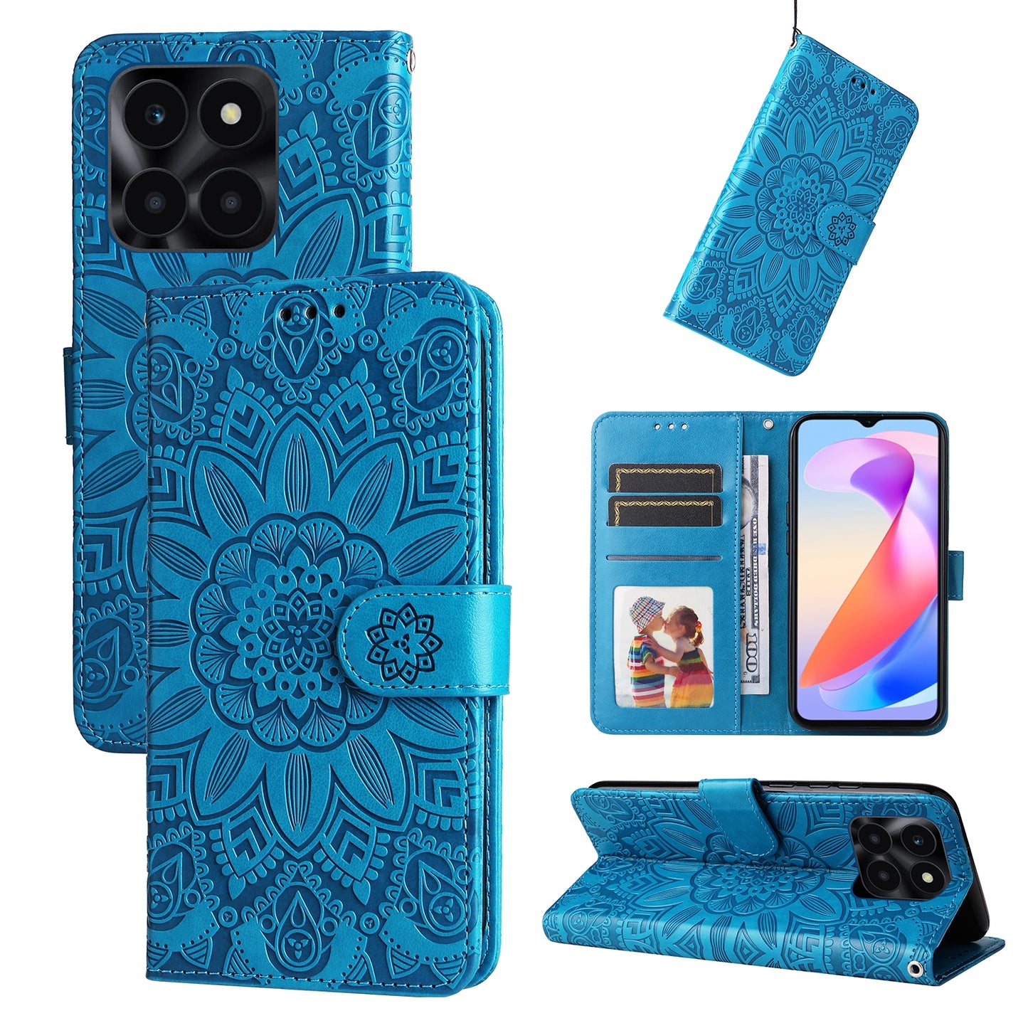 Honor X6a Sunflower Embossed Leather Wallet Phone Case with Kickstand and Card Holder