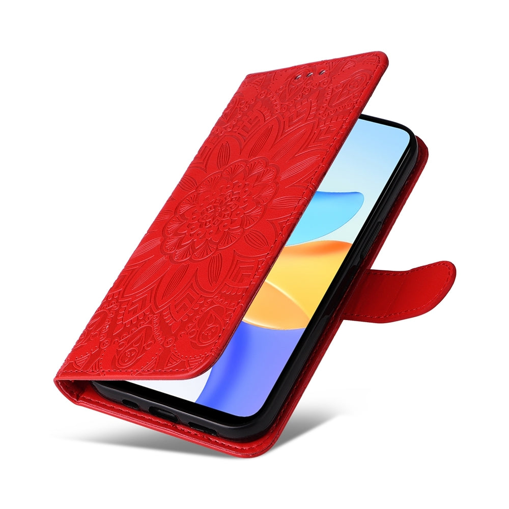 Honor Play 50 Plus Sunflower Embossed Leather Wallet Phone Case with Kickstand and Card Holder