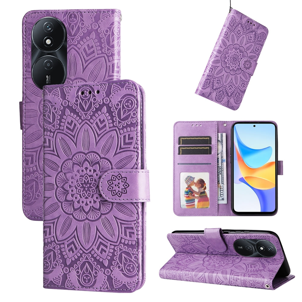 Honor Play 50 Plus Sunflower Embossed Leather Wallet Phone Case with Kickstand and Card Holder